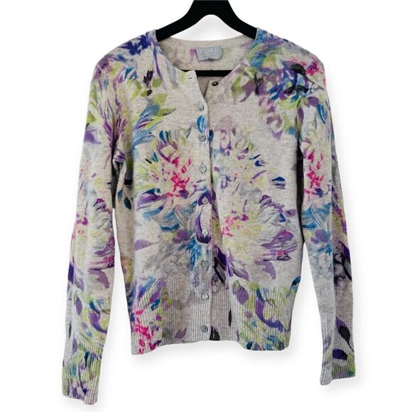 PURE Collection 100% Cashmere Flora Abstract Print Cardigan Size 6 - Picture 2 of 4